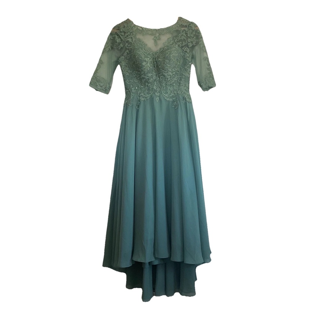 Chiffon Maxi Gown Formal Prom Embellished Corset Pockets Fairy Lace Sage Green 2